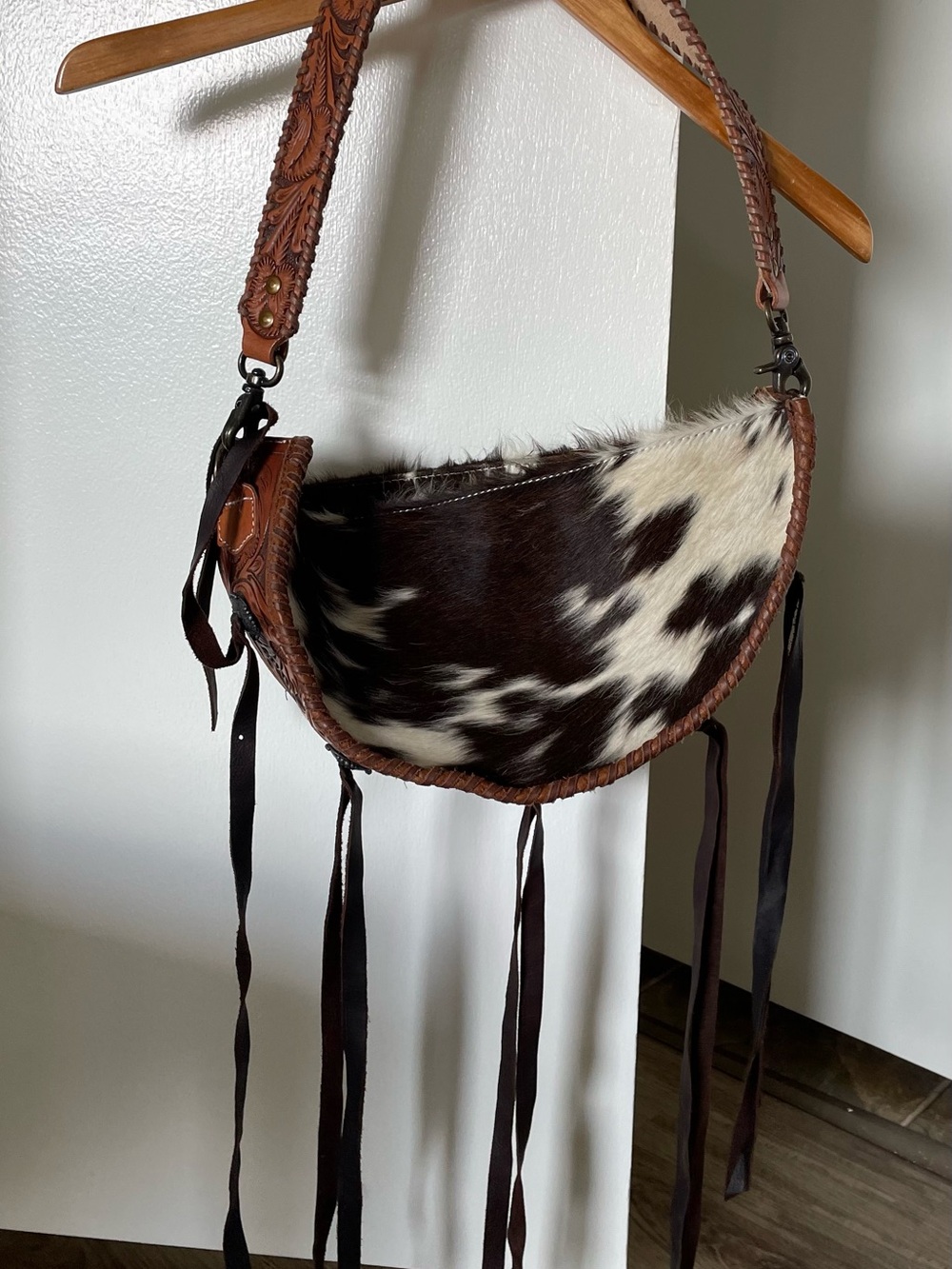 American Darling Brown and White Cowhide Crescent Shoulder Bag